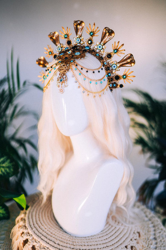 Cleopatra Crown, Gold Cobra Headdress, Egyptian Goddess, Sunburst Tiara, Blue Crystal Headpiece, Festival Halo, Regal Queen, Statement Crown