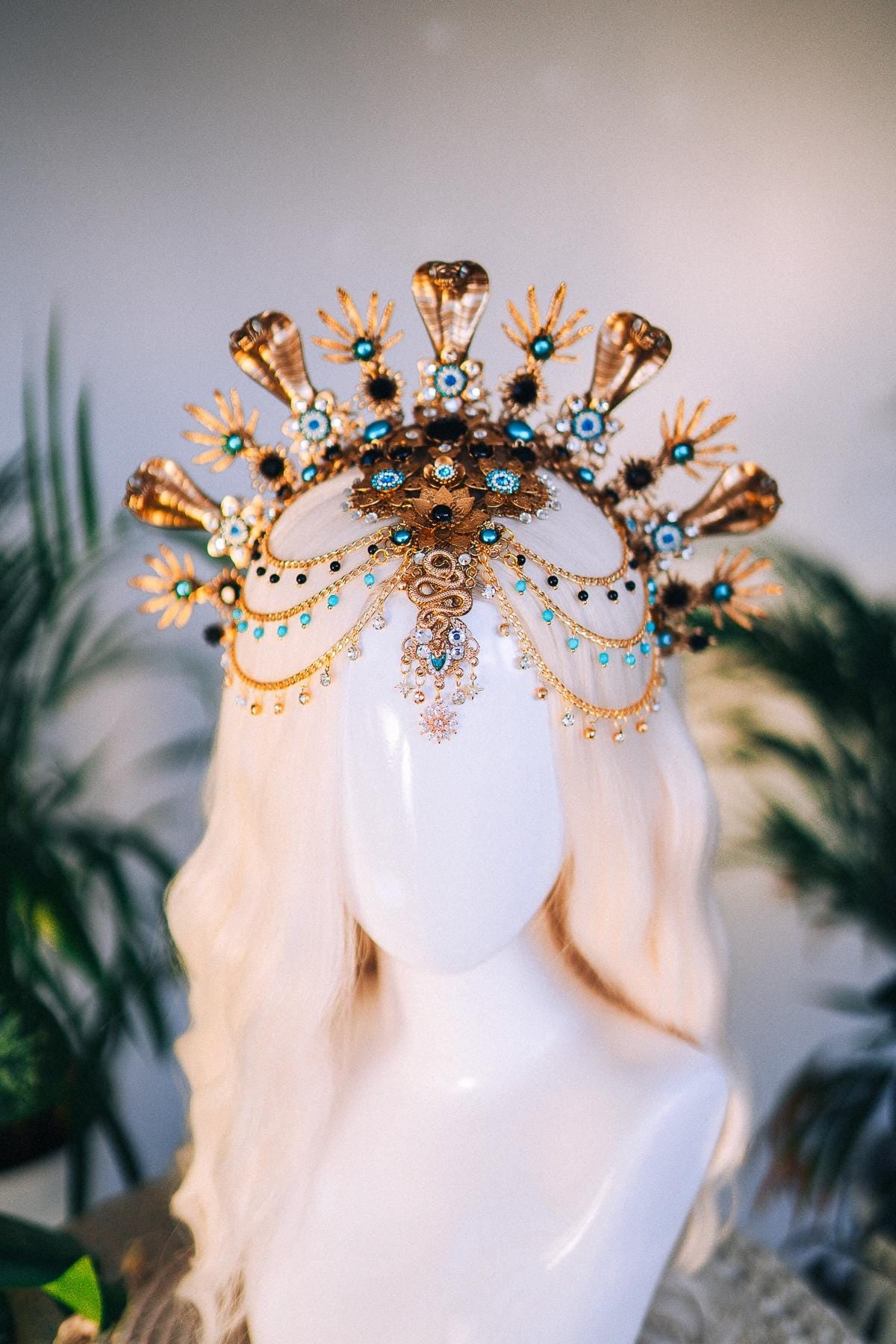 Cleopatra Crown, Gold Cobra Headdress, Egyptian Goddess, Sunburst Tiara, Blue Crystal Headpiece, Festival Halo, Regal Queen, Statement Crown