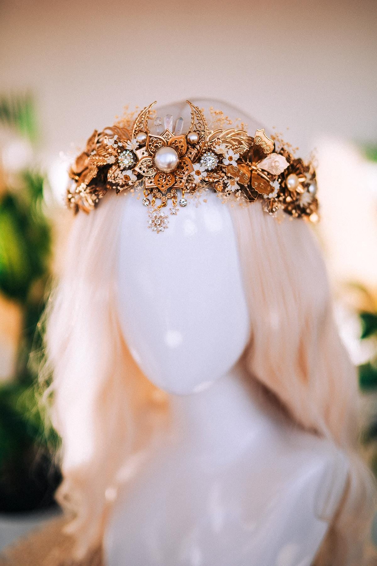 Boho Celestial Moon Goddess Tiara, Gold Filigree Pearl Wedding Headpiece, Bridal Preserved Flower Crown, Festival Headpiece, Maternity Crown