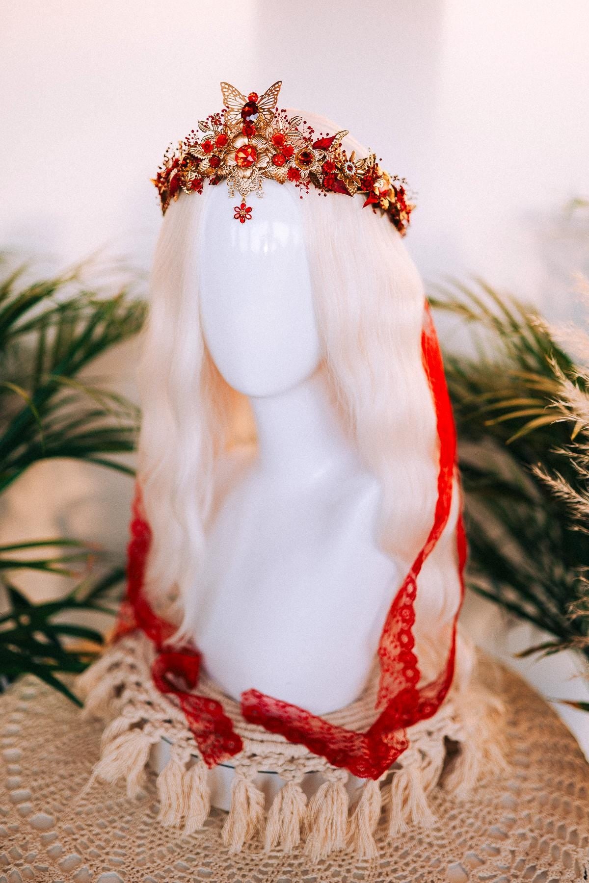 Fiery Butterfly, Boho Wedding Crown, Red Flower Tiara, Bridal Hair Accessory, Goddess Halo, Festival Headdress, Celestial Queen, Handmade