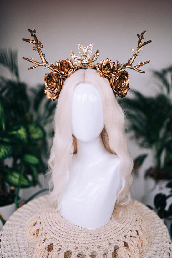Majestic Antler Crown, gold deer horns, floral headpiece, fantasy costume, masquerade ball, gothic tiara, fairy queen, carnival halo