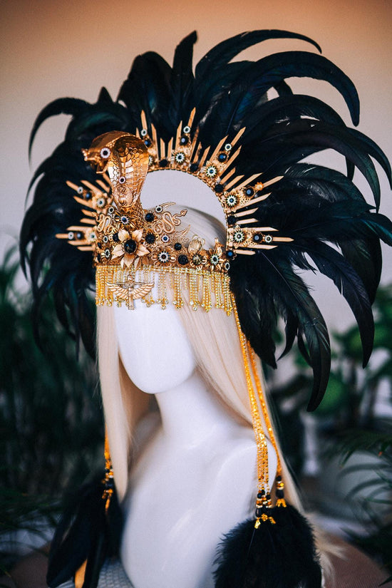 Cleopatra Feather Crown, Snake Headpiece, Egyptian Festival Crown, Mardi Gras Queen Accessory, Luxurious Cleopatra Headdress for Halloween