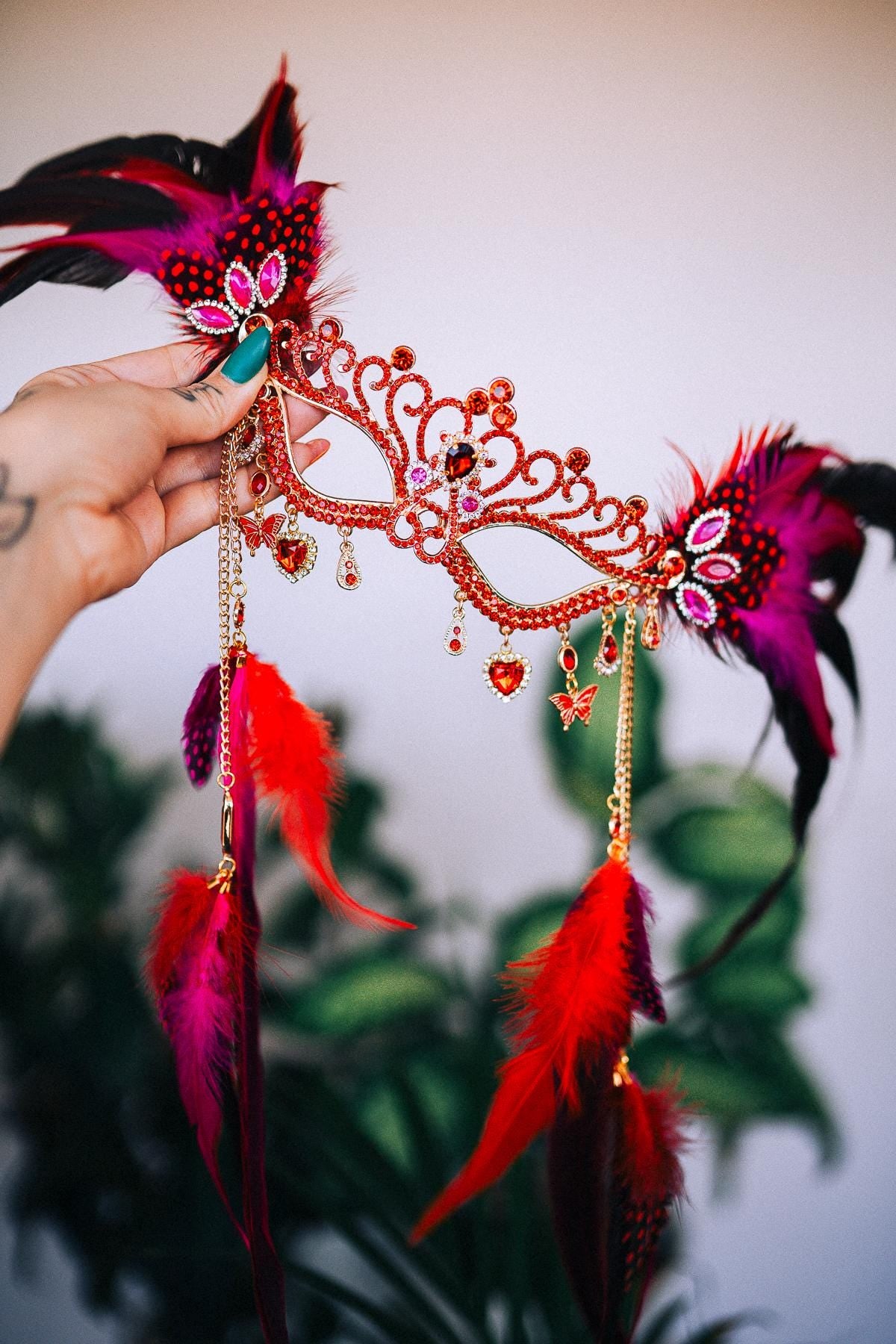 Red Floral Mask, Carnival Festival Mask, Gold Showgirl Mask, Boho Costume Mask, Party Accessories, Feather Masquerade Mask