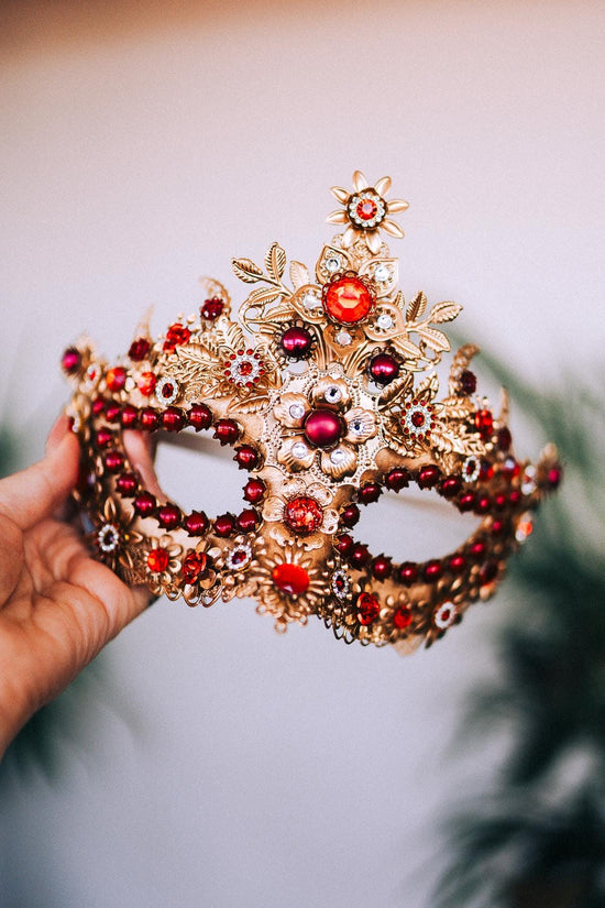 Red Gold Masquerade Mask, Luxury Floral Mask with Crystals, Elegant Carnival Accessory for Balls, Festivals, Weddings & Costume Events