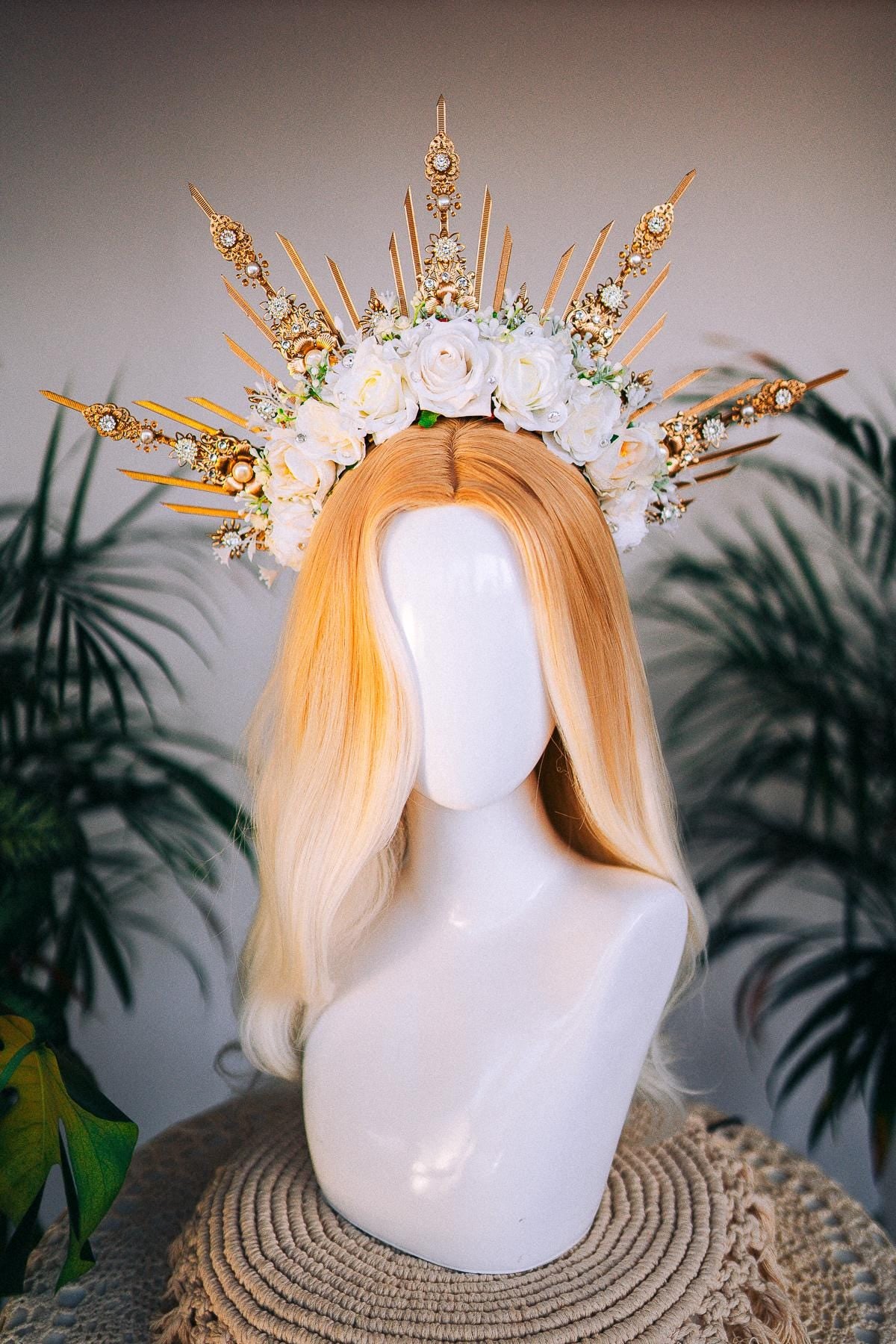 Golden Halo Crown with White Roses, Venetian Style Mask, Bridal Masquerade Accessories, Carnival, Festival, Fantasy Costume Headpiece
