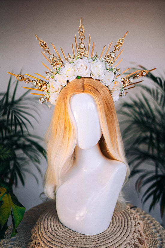 Golden Halo Crown with White Roses, Venetian Style Mask, Bridal Masquerade Accessories, Carnival, Festival, Fantasy Costume Headpiece