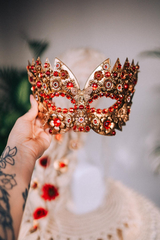 Venetian Floral Hairpins, Elegant Gold Hair Accessories with Red Flowers, Luxury Hair Clips for Balls, Festivals & Costume Events