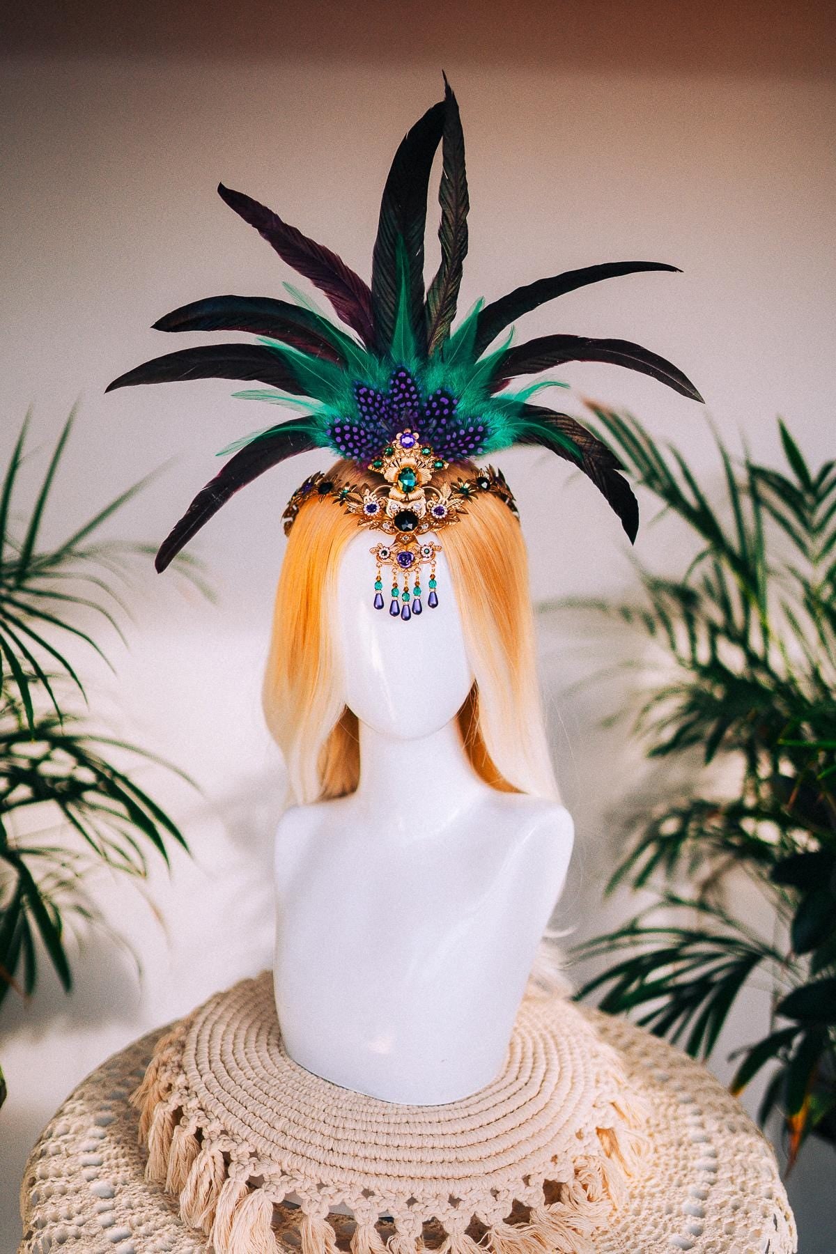 Mardi Gras Crown, Luxury Feather Headdress, Elegant Carnival Masquerade Headpiece for Balls, Festivals, Mardi Gras, Costume Parties & Events