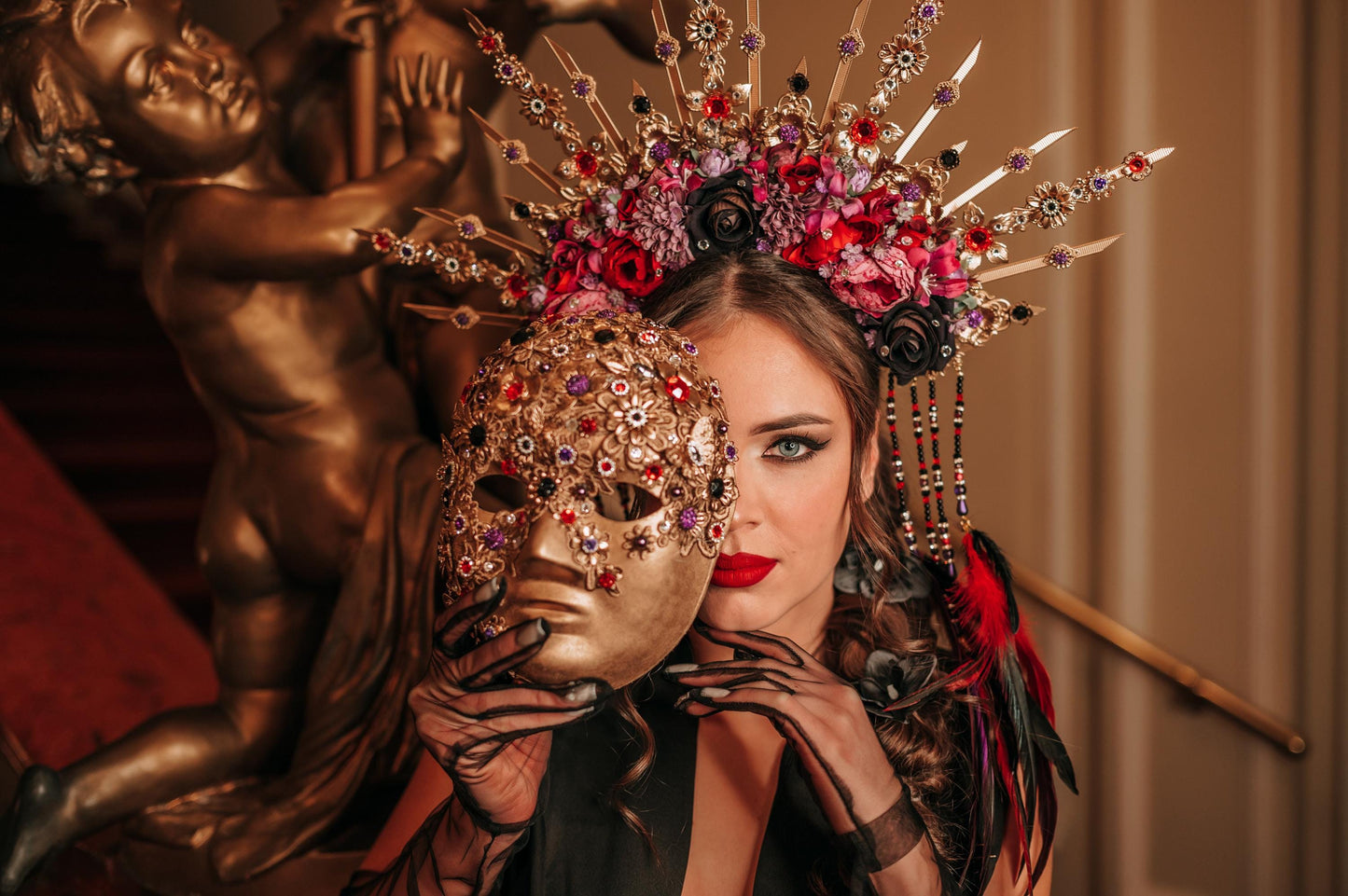 Carnival Mask, Gold Masquerade, Venetian Costume, Baroque Face Mask, Red Black Accessory, Festival Ball Mask, Gothic Theatrical Mask