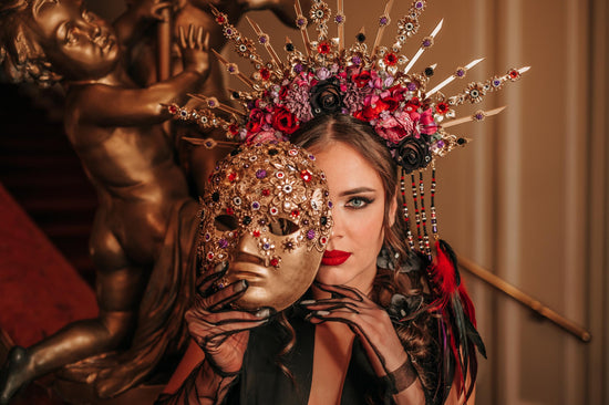 Carnival Mask, Gold Masquerade, Venetian Costume, Baroque Face Mask, Red Black Accessory, Festival Ball Mask, Gothic Theatrical Mask