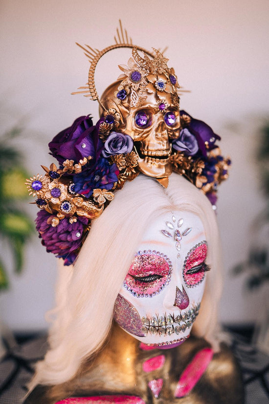 La Catrina Crown, Purple Roses, Gold Skull, Day Of The Dead, Gothic Headpiece, Halloween, Sugar Skull, Floral Halo, Celestial, Flower Crown