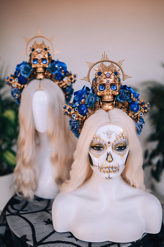 La Catrina Crown, Blue Roses, Gold Skull, Day Of The Dead, Gothic Headpiece, Halloween, Sugar Skull, Floral Halo, Celestial, Statement Tiara