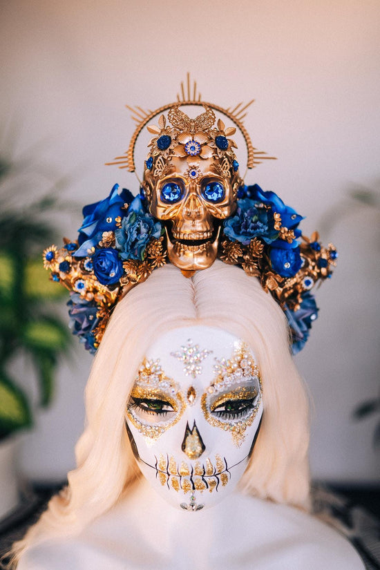 La Catrina Crown, Blue Roses, Gold Skull, Day Of The Dead, Gothic Headpiece, Halloween, Sugar Skull, Floral Halo, Celestial, Statement Tiara