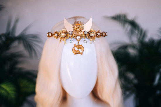 Pisces Crown, Zodiac Tiara, Astrology Headpiece, Celestial Moon Crown, Sun and Moon Tiara, Mystical Festival Crown, Handmade Horoscope Halo