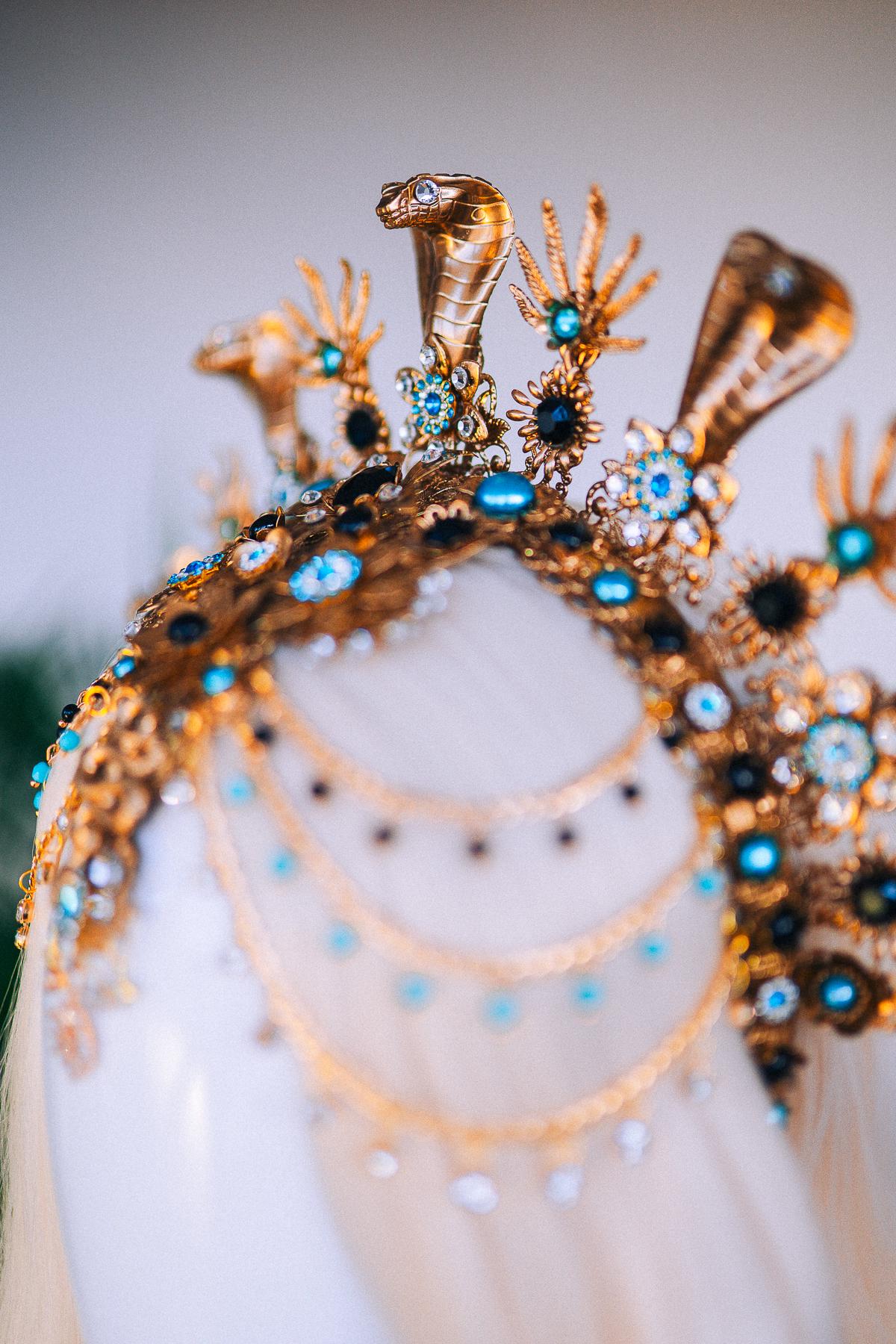 Cleopatra Crown, Gold Cobra Headdress, Egyptian Goddess, Sunburst Tiara, Blue Crystal Headpiece, Festival Halo, Regal Queen, Statement Crown