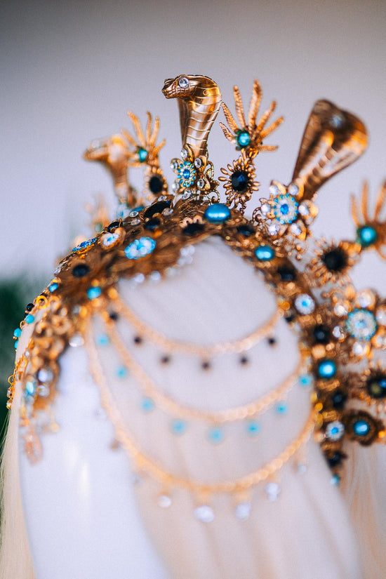 Cleopatra Crown, Gold Cobra Headdress, Egyptian Goddess, Sunburst Tiara, Blue Crystal Headpiece, Festival Halo, Regal Queen, Statement Crown