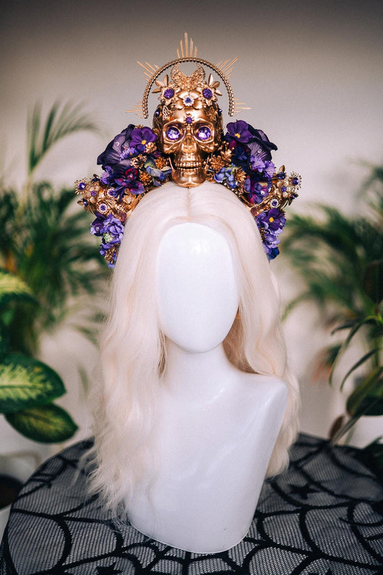La Catrina Skull Crown, Purple Flower Headpiece, Gold Halo, Halloween Costume, Day Of The Dead Crown, Sugar Skull Headdress, Festival Tiara