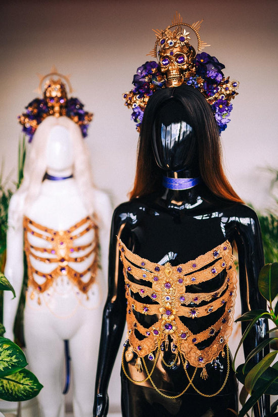 La Catrina Skull Crown, Purple Flower Headpiece, Gold Halo, Halloween Costume, Day Of The Dead Crown, Sugar Skull Headdress, Festival Tiara