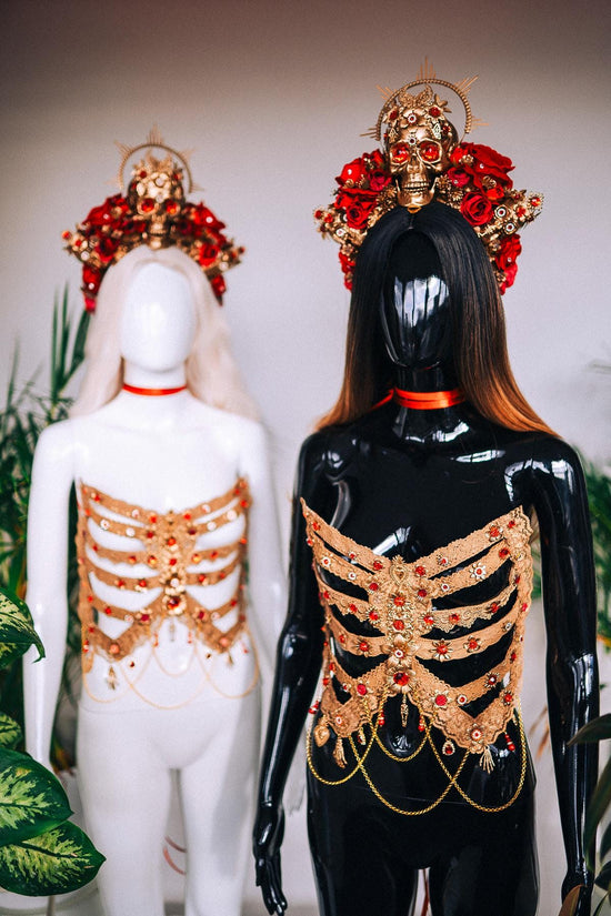 La Catrina Crown, Red Roses, Gold Skull, Day Of The Dead, Gothic Headpiece, Halloween, Sugar Skull, Floral Halo, Celestial, Statement Tiara