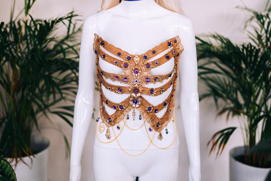 Golden Skeleton Ribs, La Catrina Costume, Gold Body Armor, Festival Corset, Skeleton Top, Purple Rhinestones, Dia De Muertos, Sugar Skull