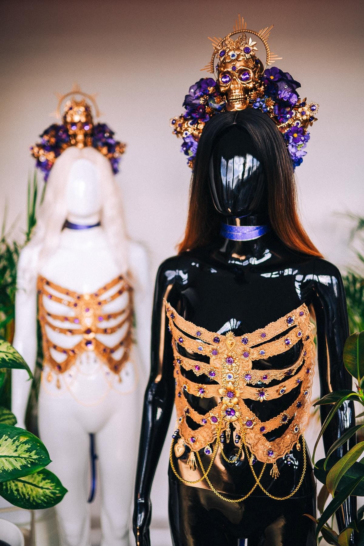 Golden Skeleton Ribs, La Catrina Costume, Gold Body Armor, Festival Corset, Skeleton Top, Purple Rhinestones, Dia De Muertos, Sugar Skull