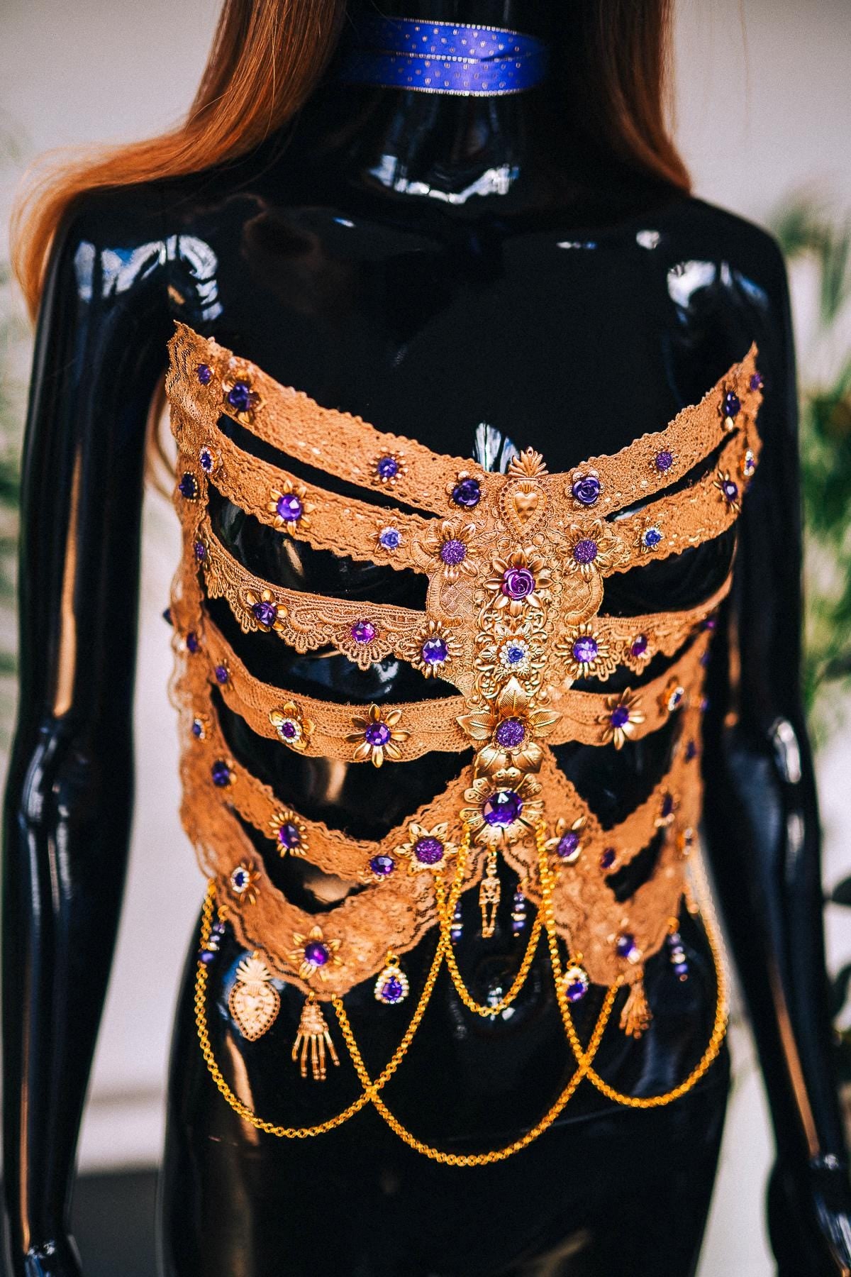 Golden Skeleton Ribs, La Catrina Costume, Gold Body Armor, Festival Corset, Skeleton Top, Purple Rhinestones, Dia De Muertos, Sugar Skull