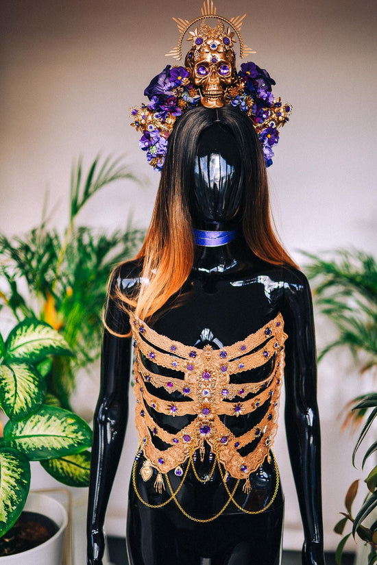 Golden Skeleton Ribs, La Catrina Costume, Gold Body Armor, Festival Corset, Skeleton Top, Purple Rhinestones, Dia De Muertos, Sugar Skull