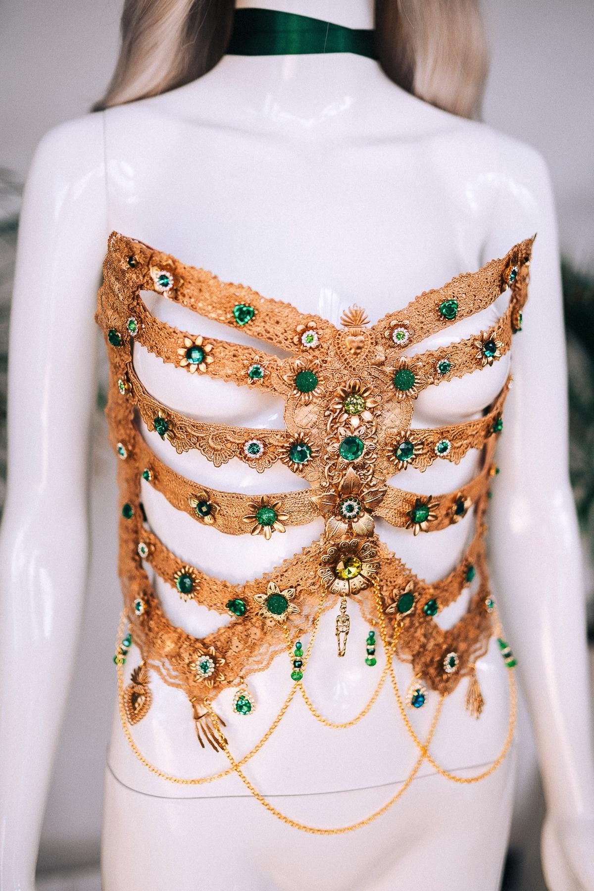 Golden Ribs, Emerald Skeleton, Gold Costume, Festival Outfit, Halloween Body Jewelry, Goddess Top, La Catrina, Gold Corset, Floral Armor