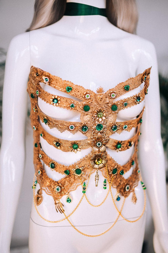 Golden Ribs, Emerald Skeleton, Gold Costume, Festival Outfit, Halloween Body Jewelry, Goddess Top, La Catrina, Gold Corset, Floral Armor