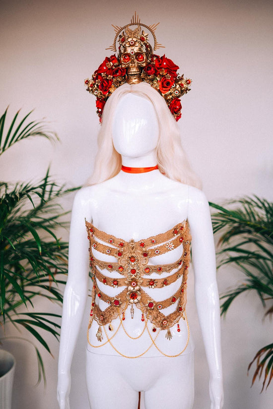 Golden Skeleton Ribs, La Catrina Costume, Gold Body Armor, Festival Corset, Skeleton Top, Purple Rhinestones, Dia De Muertos, Sugar Skull