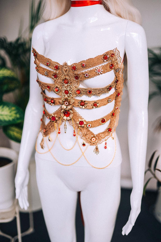 Golden Skeleton Ribs, La Catrina Costume, Gold Body Armor, Festival Corset, Skeleton Top, Purple Rhinestones, Dia De Muertos, Sugar Skull