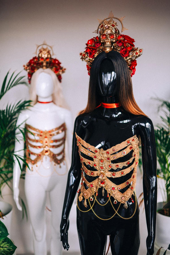 Golden Skeleton Ribs, La Catrina Costume, Gold Body Armor, Festival Corset, Skeleton Top, Purple Rhinestones, Dia De Muertos, Sugar Skull