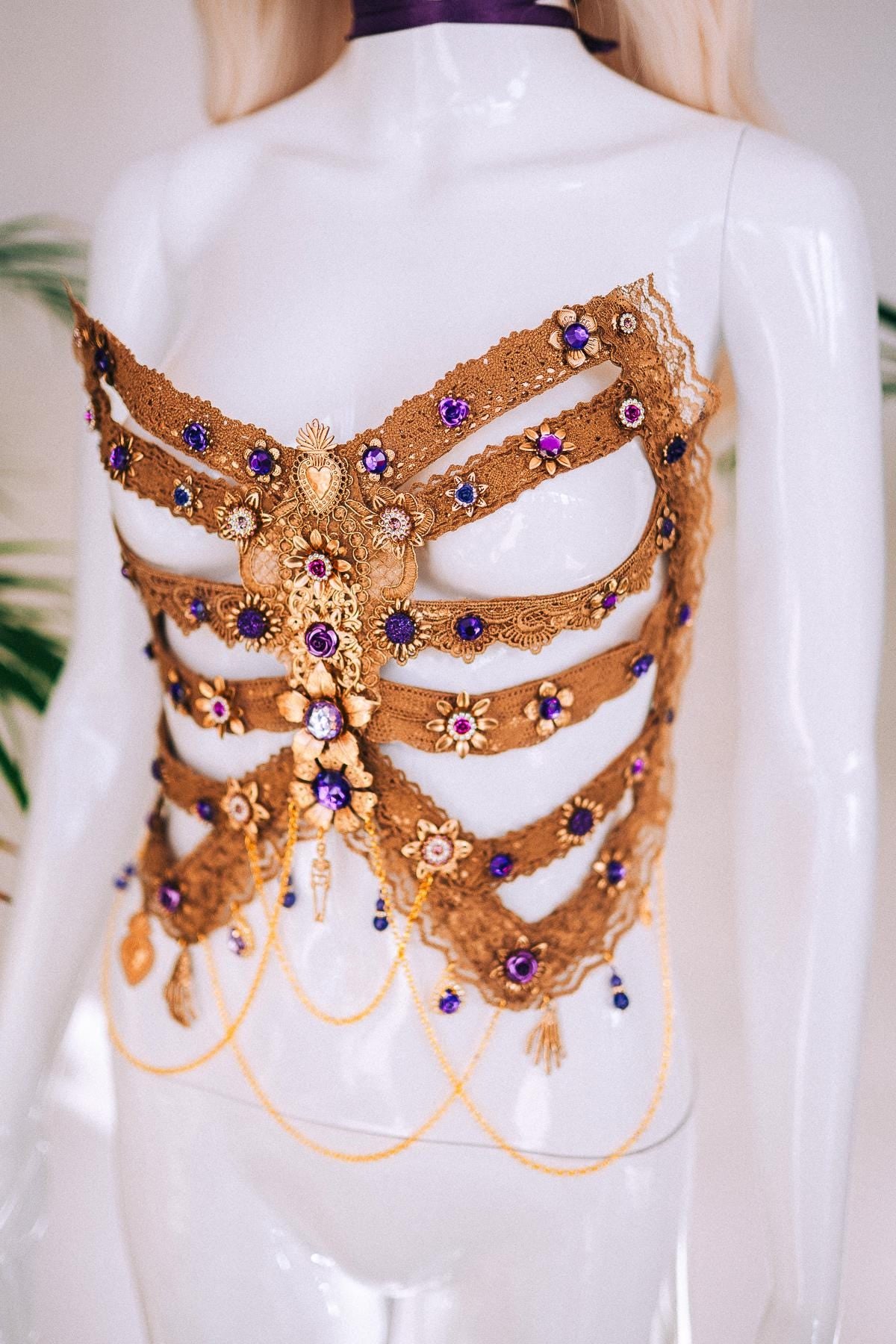 Golden Skeleton Ribs, La Catrina Costume, Gold Body Armor, Festival Corset, Skeleton Top, Purple Rhinestones, Dia De Muertos, Sugar Skull