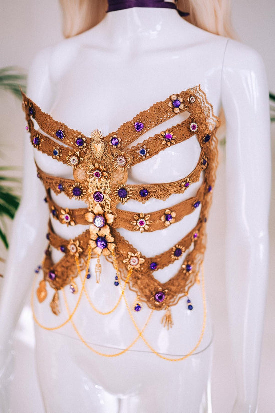 Golden Skeleton Ribs, La Catrina Costume, Gold Body Armor, Festival Corset, Skeleton Top, Purple Rhinestones, Dia De Muertos, Sugar Skull