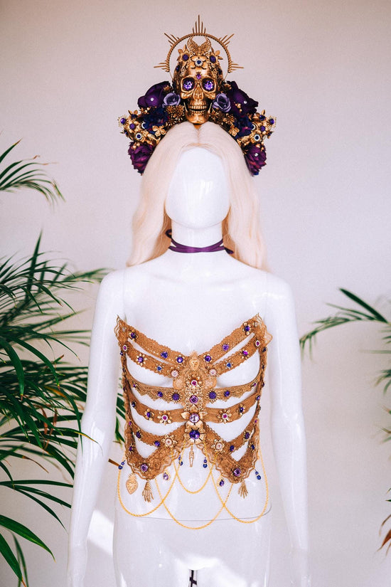 Golden Skeleton Ribs, La Catrina Costume, Gold Body Armor, Festival Corset, Skeleton Top, Purple Rhinestones, Dia De Muertos, Sugar Skull