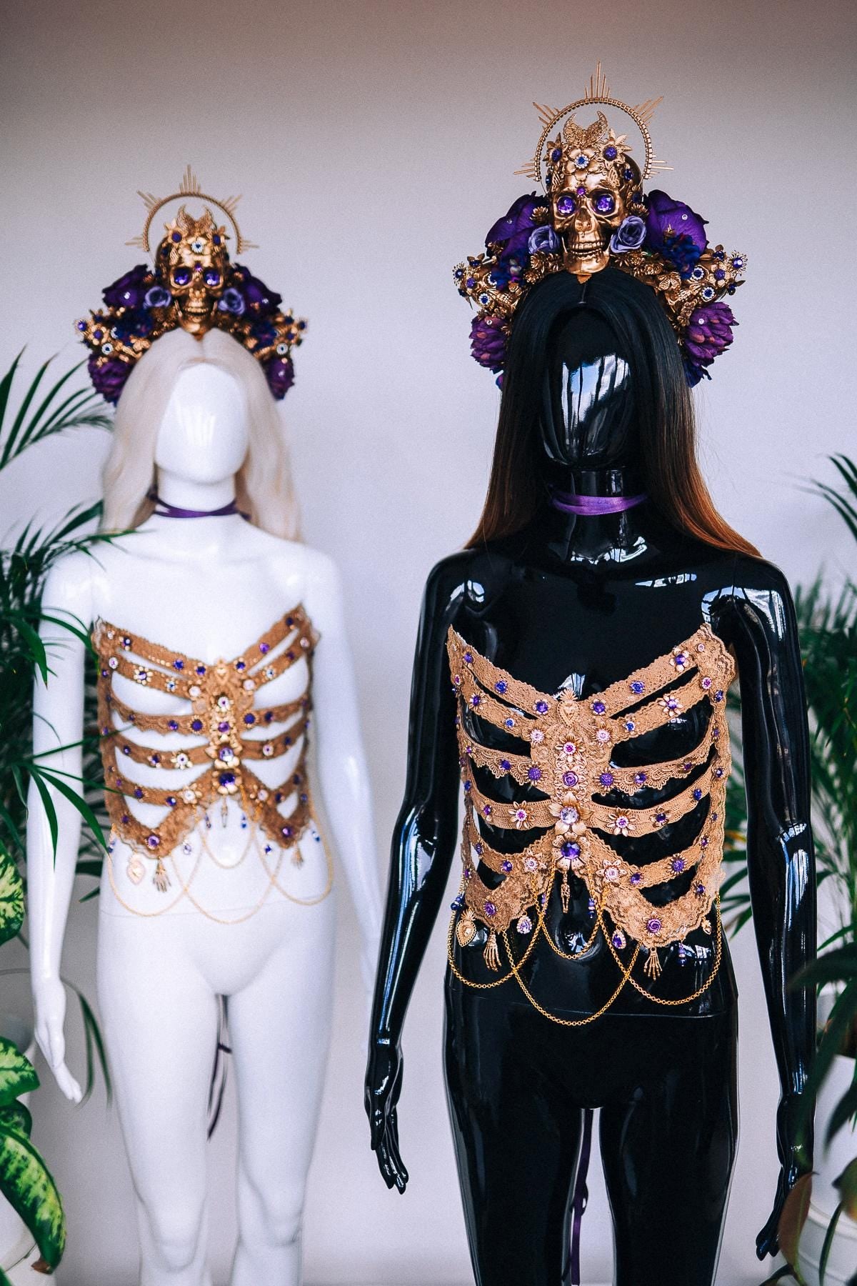 Golden Skeleton Ribs, La Catrina Costume, Gold Body Armor, Festival Corset, Skeleton Top, Purple Rhinestones, Dia De Muertos, Sugar Skull