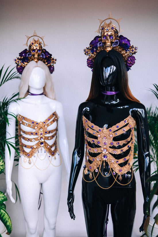 Golden Skeleton Ribs, La Catrina Costume, Gold Body Armor, Festival Corset, Skeleton Top, Purple Rhinestones, Dia De Muertos, Sugar Skull