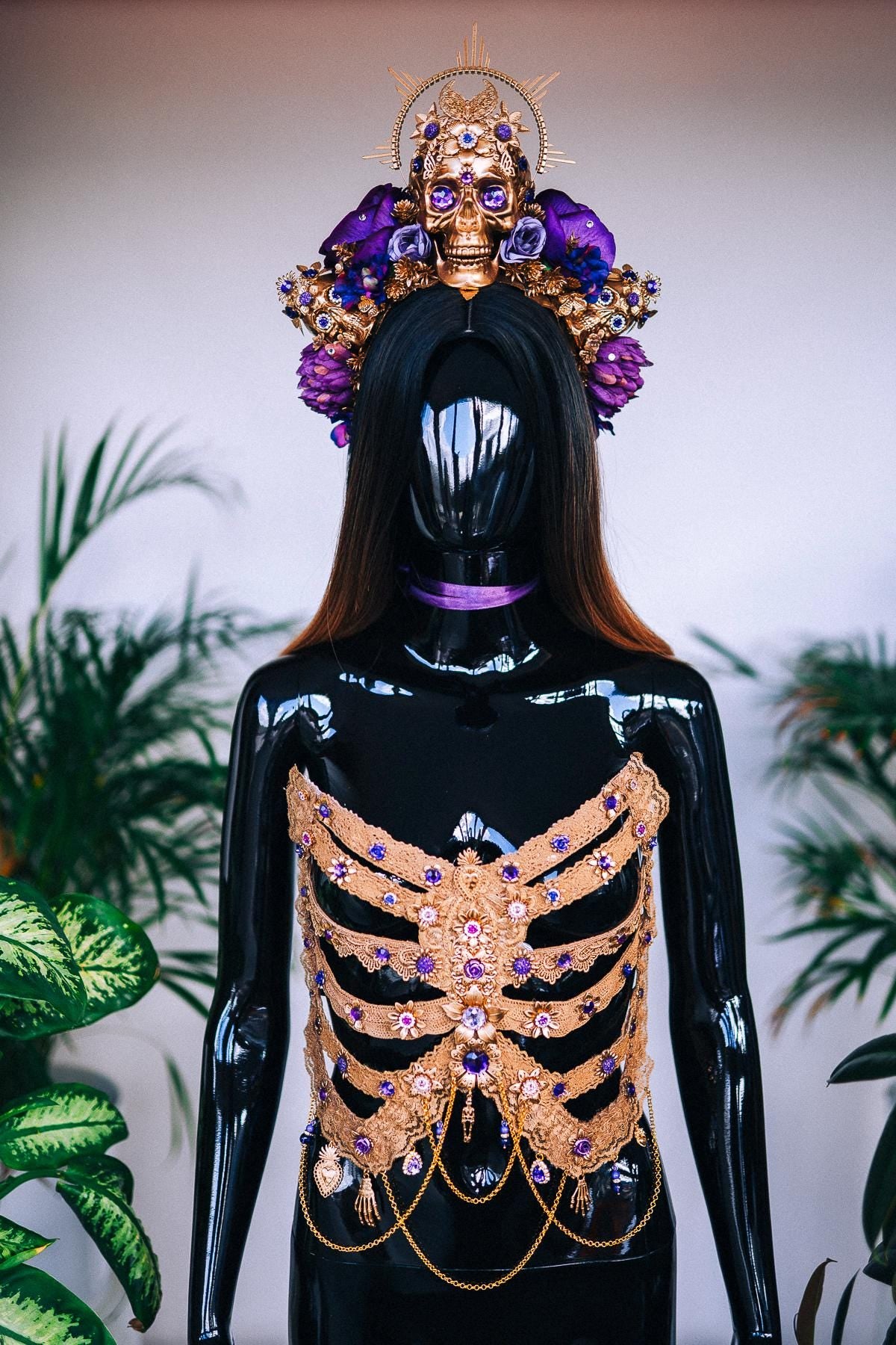 Golden Skeleton Ribs, La Catrina Costume, Gold Body Armor, Festival Corset, Skeleton Top, Purple Rhinestones, Dia De Muertos, Sugar Skull