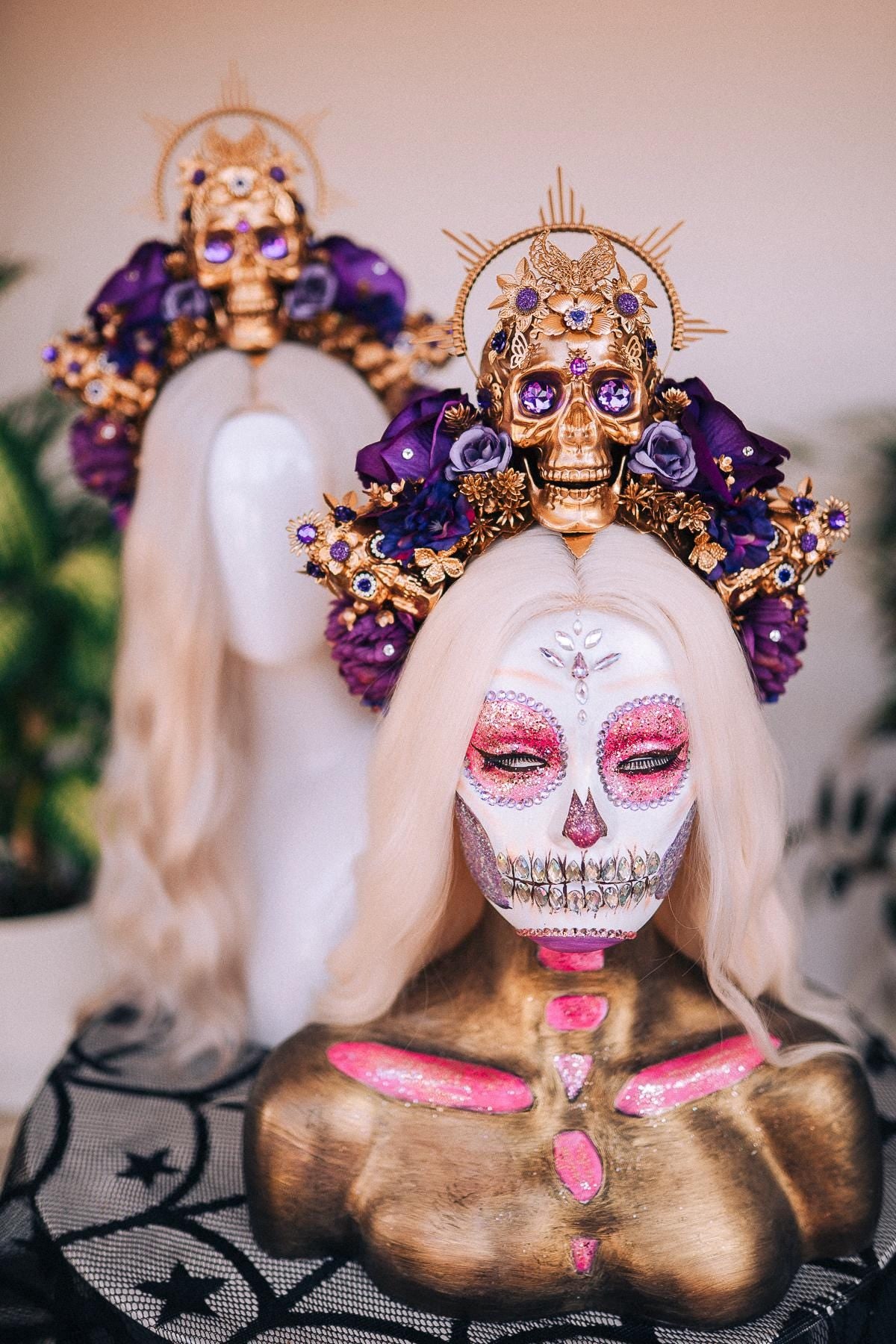 Golden Skeleton Ribs, La Catrina Costume, Gold Body Armor, Festival Corset, Skeleton Top, Purple Rhinestones, Dia De Muertos, Sugar Skull