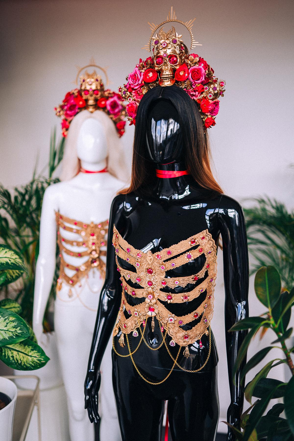 Golden Rib Cage, Pink Gems, Skeleton Costume, Goddess Outfit, Festival Corset, Halloween Costume, La Catrina Costume, Dia De Muertos