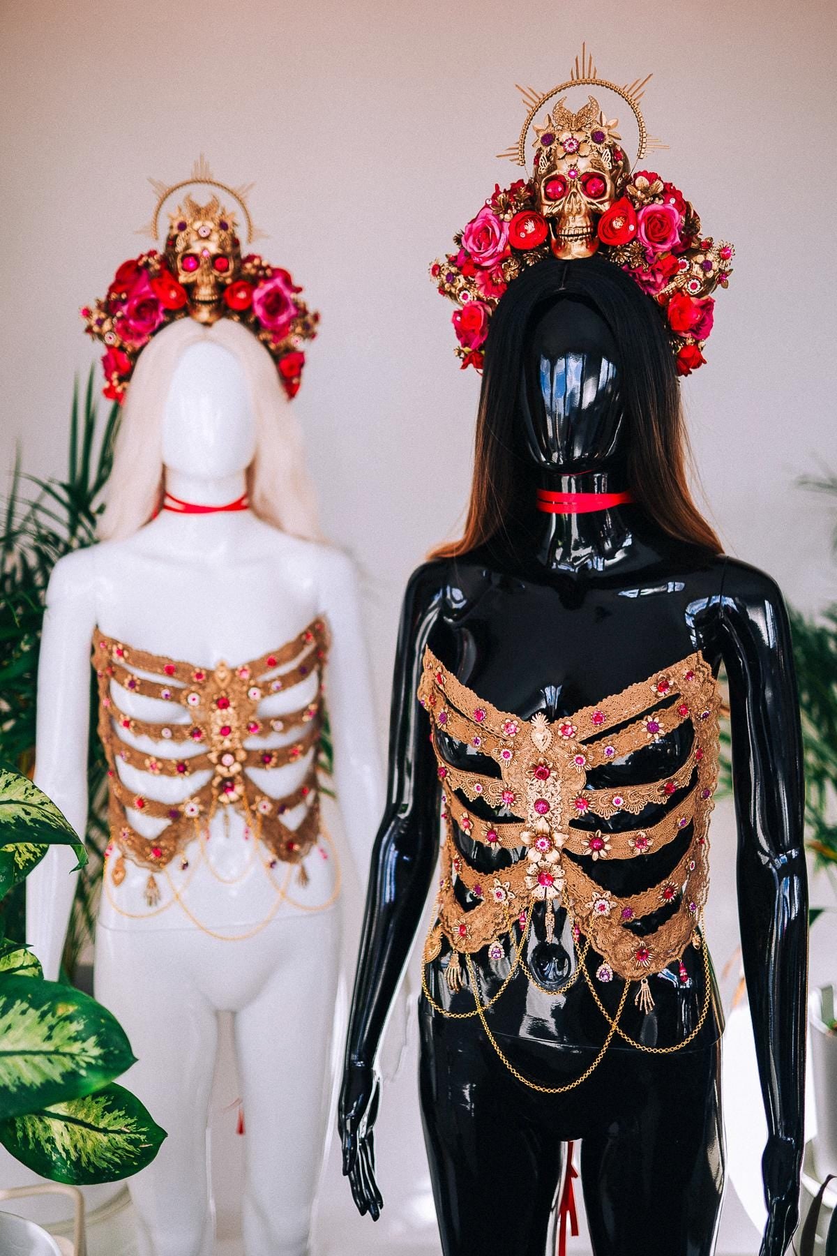 Golden Rib Cage, Pink Gems, Skeleton Costume, Goddess Outfit, Festival Corset, Halloween Costume, La Catrina Costume, Dia De Muertos