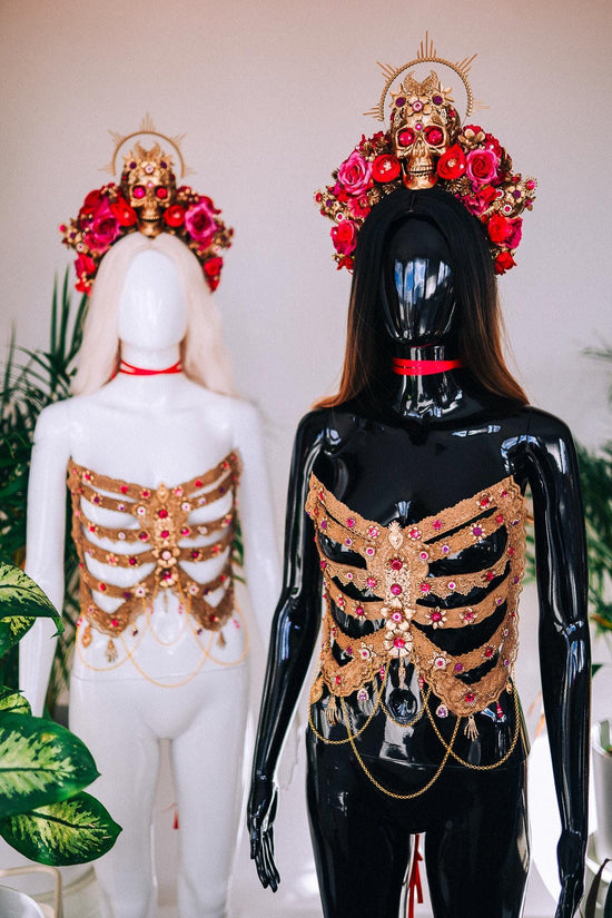Golden Rib Cage, Pink Gems, Skeleton Costume, Goddess Outfit, Festival Corset, Halloween Costume, La Catrina Costume, Dia De Muertos
