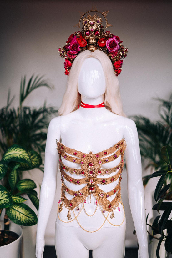 Golden Rib Cage, Pink Gems, Skeleton Costume, Goddess Outfit, Festival Corset, Halloween Costume, La Catrina Costume, Dia De Muertos
