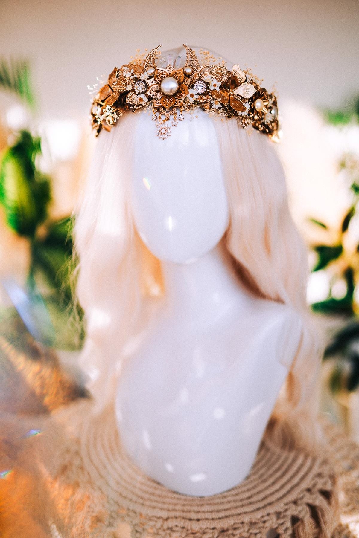 Boho Celestial Moon Goddess Tiara, Gold Filigree Pearl Wedding Headpiece, Bridal Preserved Flower Crown, Festival Headpiece, Maternity Crown