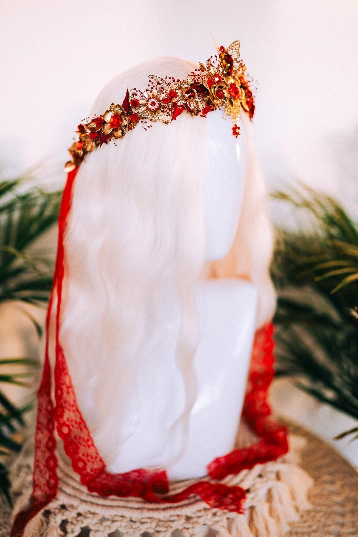 Fiery Butterfly, Boho Wedding Crown, Red Flower Tiara, Bridal Hair Accessory, Goddess Halo, Festival Headdress, Celestial Queen, Handmade