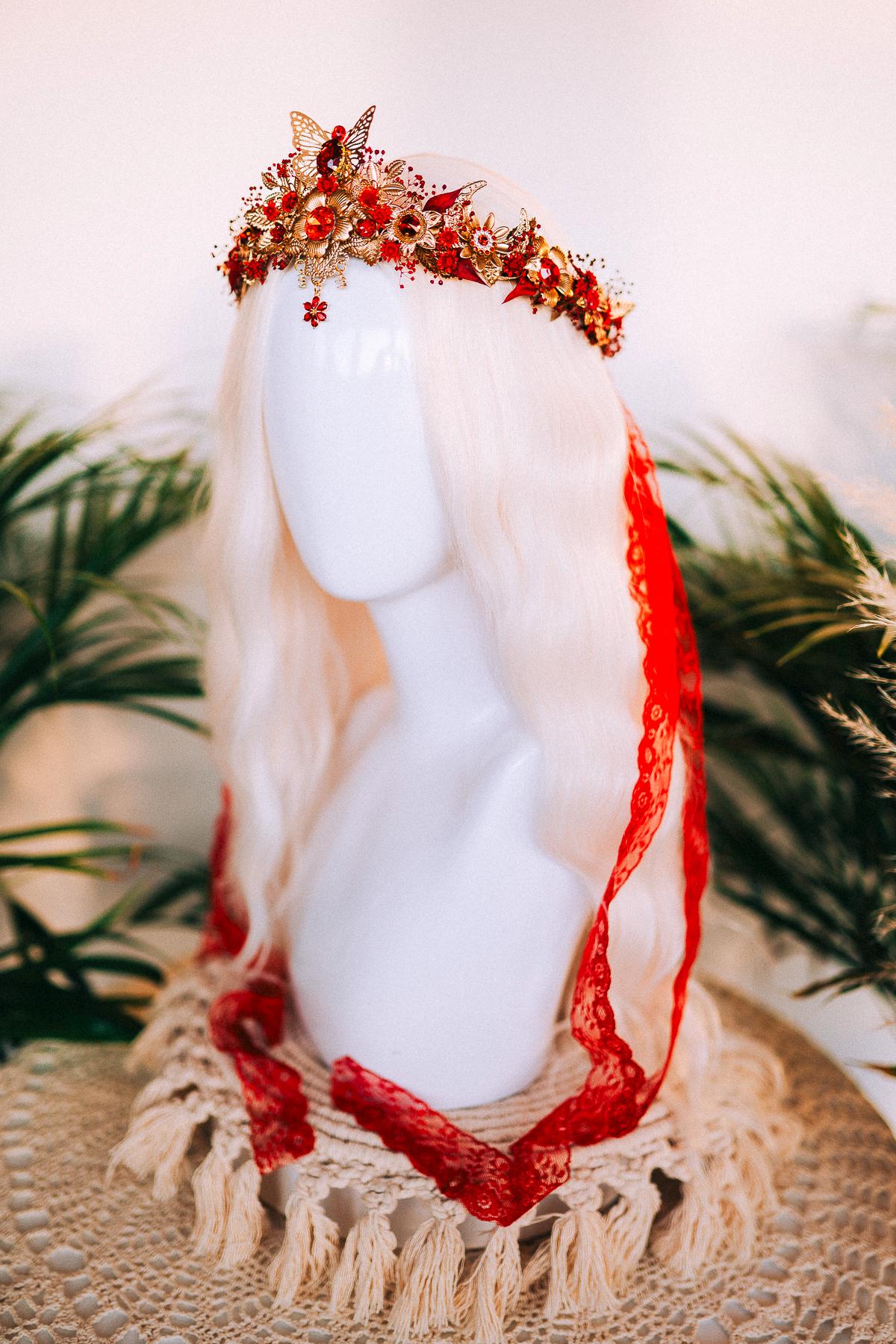 Fiery Butterfly, Boho Wedding Crown, Red Flower Tiara, Bridal Hair Accessory, Goddess Halo, Festival Headdress, Celestial Queen, Handmade