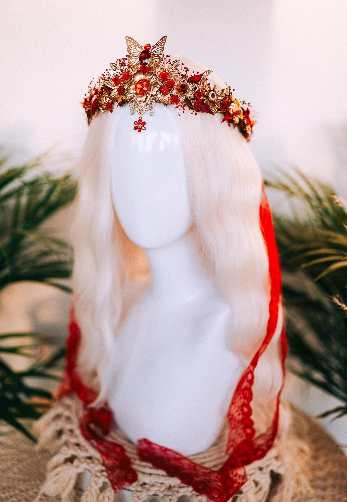 Red Boho Wedding Flower Crown