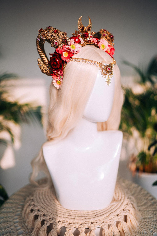 SALE Aries Horn Crown, Red Floral Goddess Tiara, Zodiac Ram Headpiece, Celestial Festival Halo, Astrological Horn Crown, Fire Sign Bridal