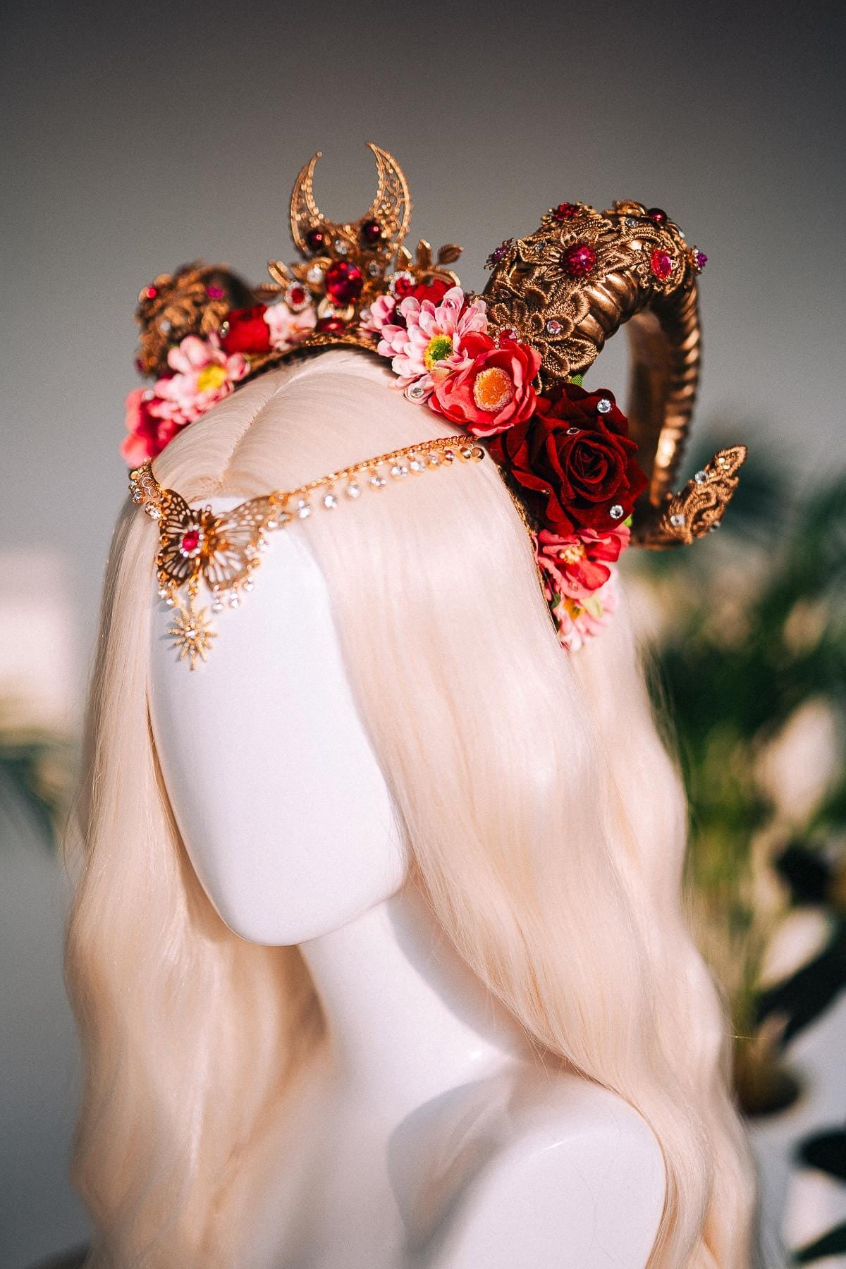 SALE Aries Horn Crown, Red Floral Goddess Tiara, Zodiac Ram Headpiece, Celestial Festival Halo, Astrological Horn Crown, Fire Sign Bridal