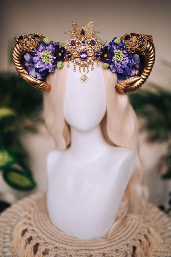 Aries Horn Crown, Purple Floral Ram Tiara, Zodiac Headpiece, Celestial Festival Crown, Fire Sign Horn Crown, Butterfly Moon Tiara, Goddess